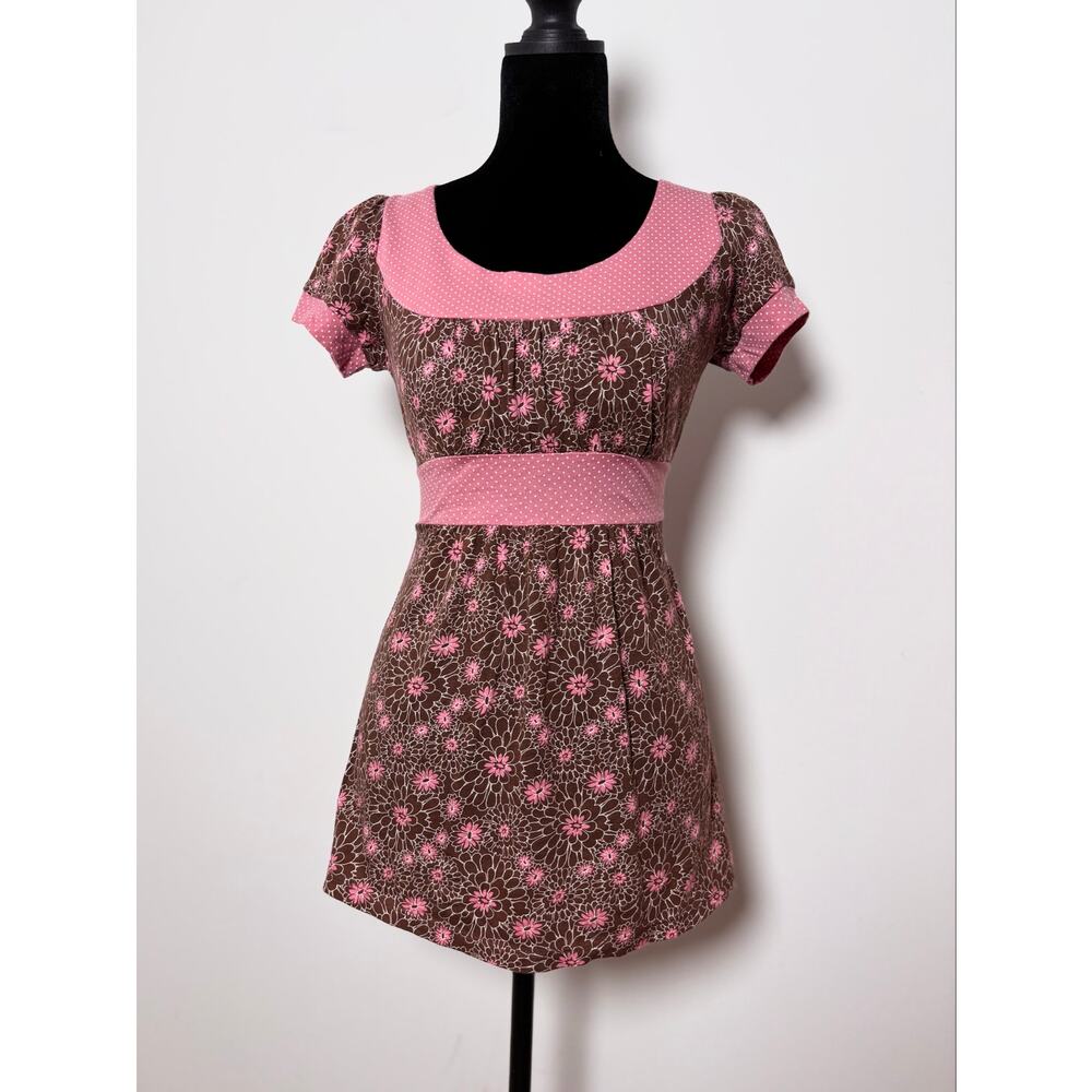 Vtg Y2K Fang Tieback Babydoll Cap Sleeve Top Brown Floral Print Pink Trim